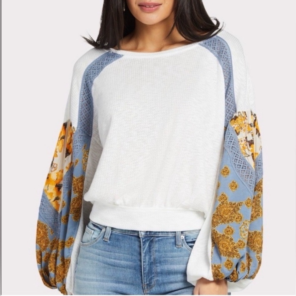Free People Casual Clash Bubble Sleeve Thermal, White and Grey Size Small